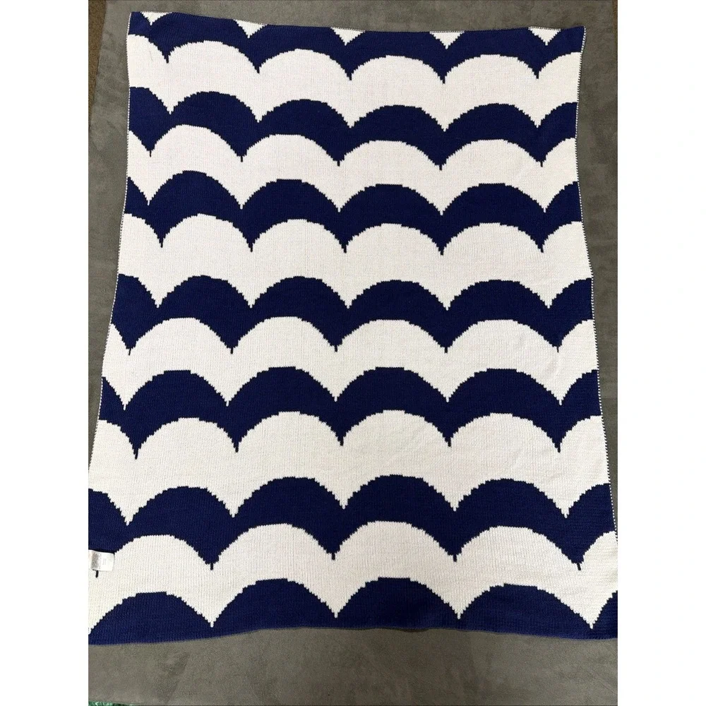 Harper Canyon Navy Blue & White Scallop Baby Blanket Knitted Waves